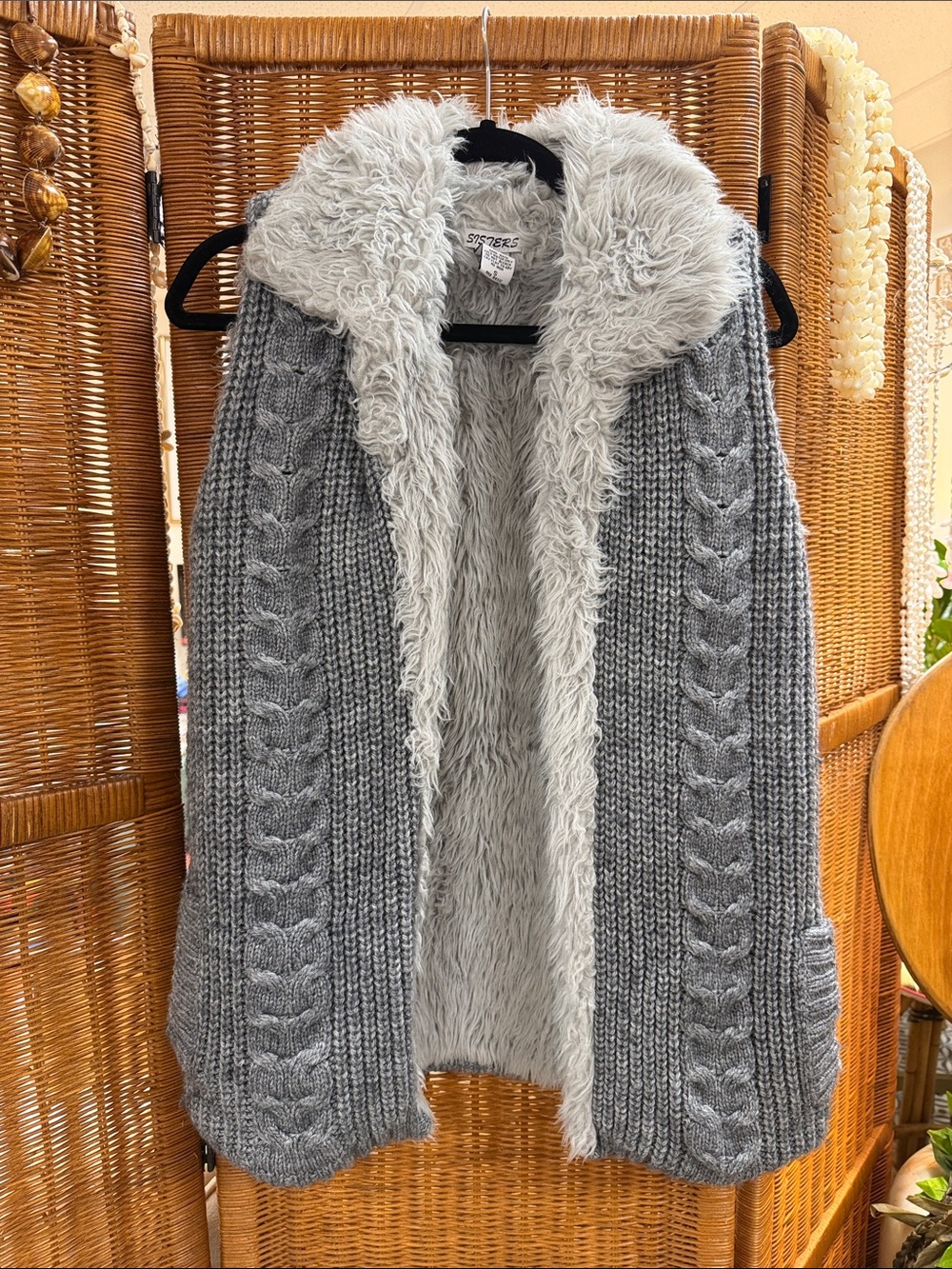 Cozy Grey Faux-Sherpa Cable Knit Women's Cardigan Vest